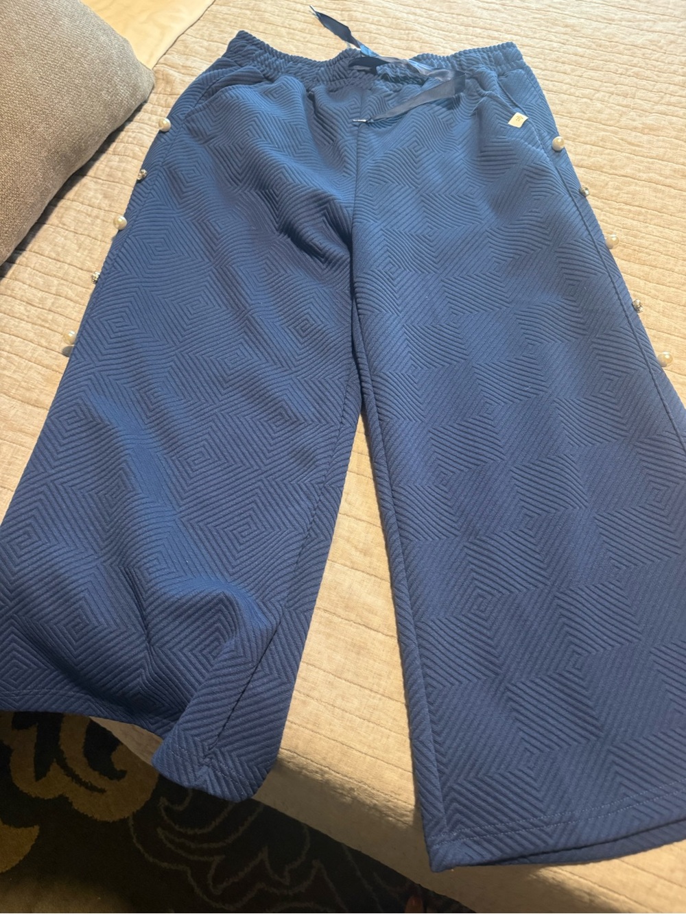 Simply Southern Navy Wide-Leg Textured Knit Pants with embellished legs, Size XL